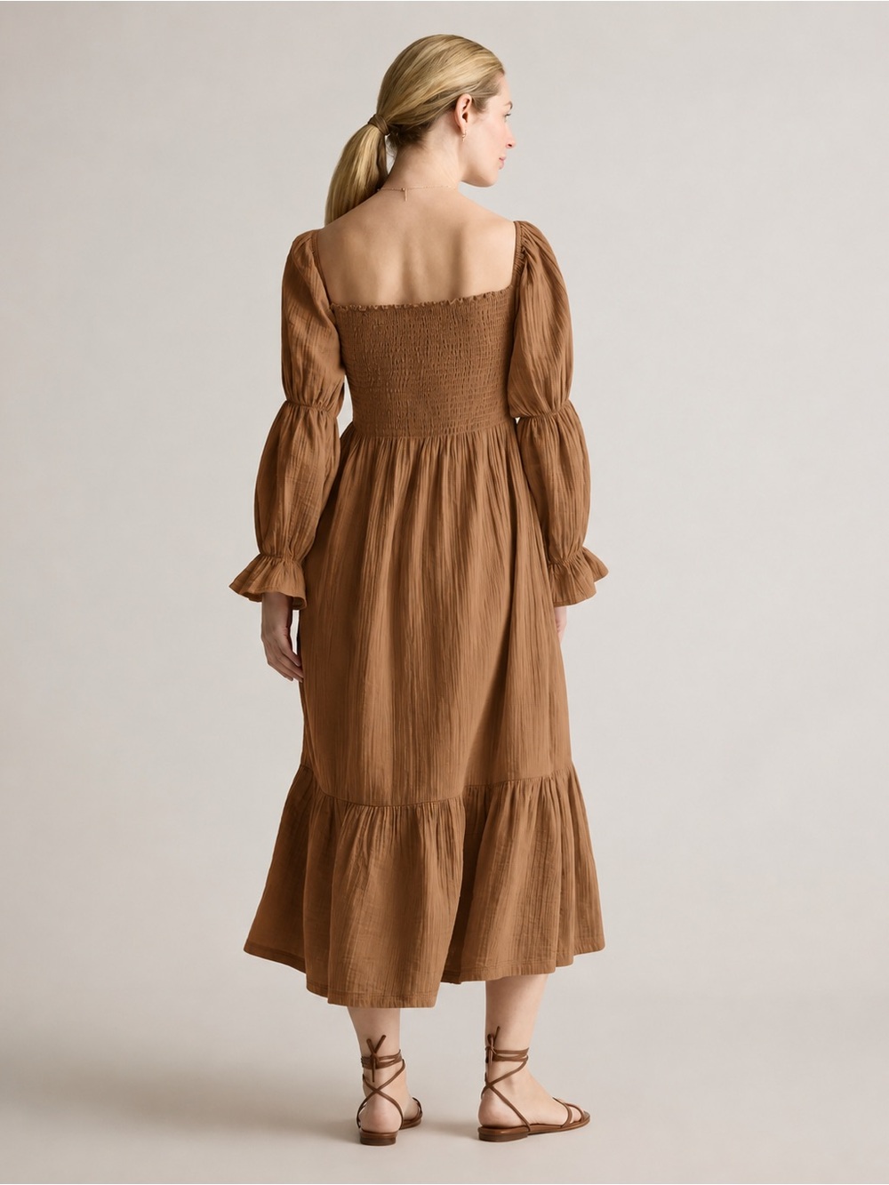 Quince Gauze Smocked Midi Dress-Caramel Brown Small 100% Organic Cotton - Picture 3 of 7